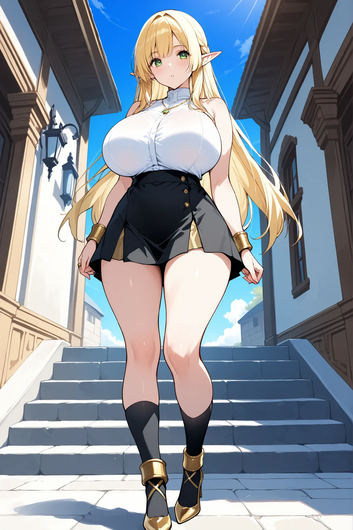1girl, huge breasts, thick thighs, wide hips, blonde hair, long hair, fox ears, green eyes, fox tail, police, police hat, policewoman, white uniform, white clothes, pantyhose, smile, smirk, smug, leotard