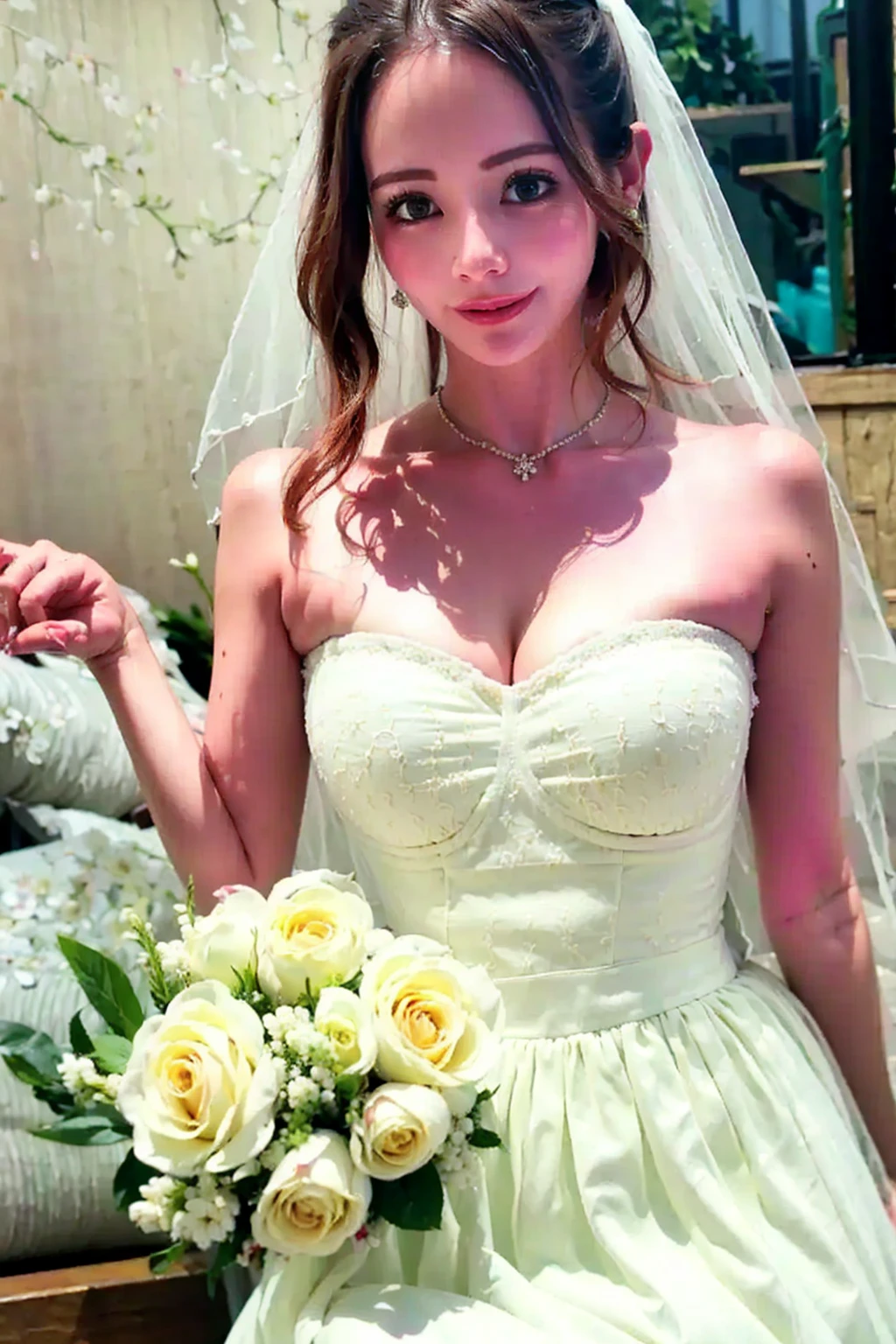 Masterpiece, ((Morena Baccarin:Christina Hendricks:0.5)), 20 years old, ((beautiful white floral dress)), flowers dropping from up, stage background, random clicks, long brown hairs in air, medium cleavage, tight cleavage, pink lipstick, eyeliner, eyeshadow, highlighter, detailed face and body, perfect eyes, 32K, super realistic
