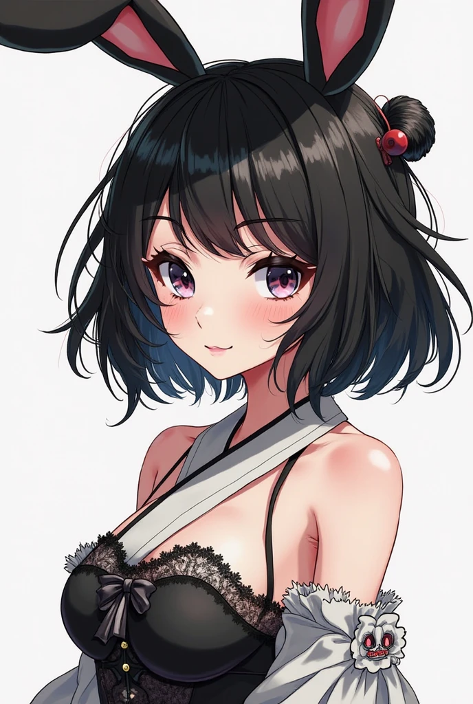 (high-quality, breathtaking),(expressive eyes, perfect face) (((off shoulder yukata, cleavage, sexy lips)), 1girl, female, solo, young adult, black hair , black coloured eyes, stylised hair, gentle smile, medium length hair, loose hair, side bangs, japanese clothing, demon slayer art style