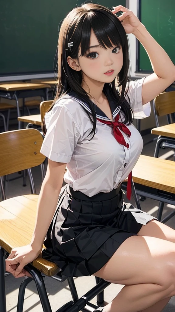 best quality,1girl,((big breasts:1.3)),((((((10歳)))))),smile,black hair,long hair,((serafuku:1.3)),((white shirt,mini skirt,lift skirt,upskirt,white panties,lace panties,black thighhighs:1.1)),sitting,classroom