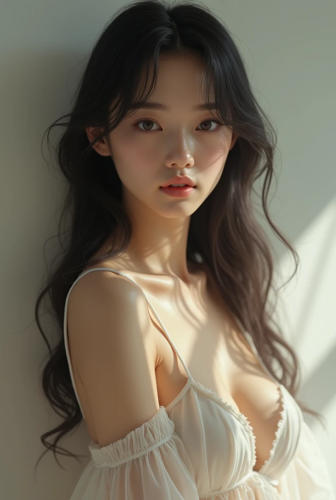 20 year old woman with cute Japan、Long black hair with bangs、White floral underwear、Random Pause,