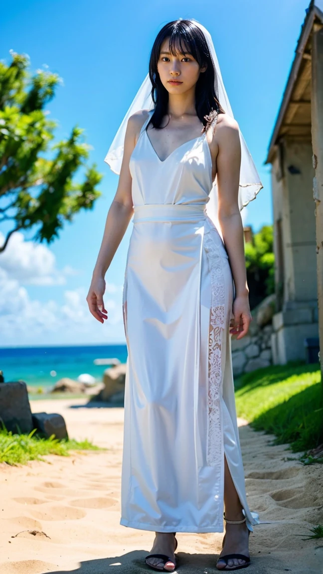 Full figure cinematic still of a beautiful woman 30 year old, long white saitn dress , The scene is captured in a realistic photography style, with the subject positioned on a sandy beach. The cosplayer strikes a dynamic pose, embodying the character's essence with precision and grace. The lighting is natural, softly illuminating the scene and highlighting the cosplayer's features and costume details. The background features a serene beach setting, complementing the overall theme. The composition is designed to draw focus to the cosplayer, capturing the playful yet powerful spirit of Nico Robin.