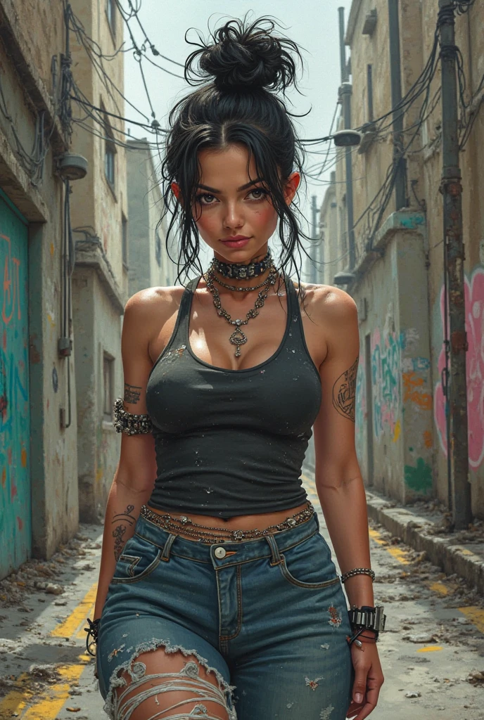 Obra-prima, melhor qualidade, (melhor qualidade), (best illustration), (melhores sombras) uma garota criminosa, segurando uma arma, tatuada, cobrindo o rosto, in the background an abandoned place with graffiti, vivid colors . super detalhado --v6