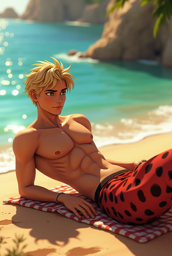 1boy，golden hair，beachside，swim wears，No bra