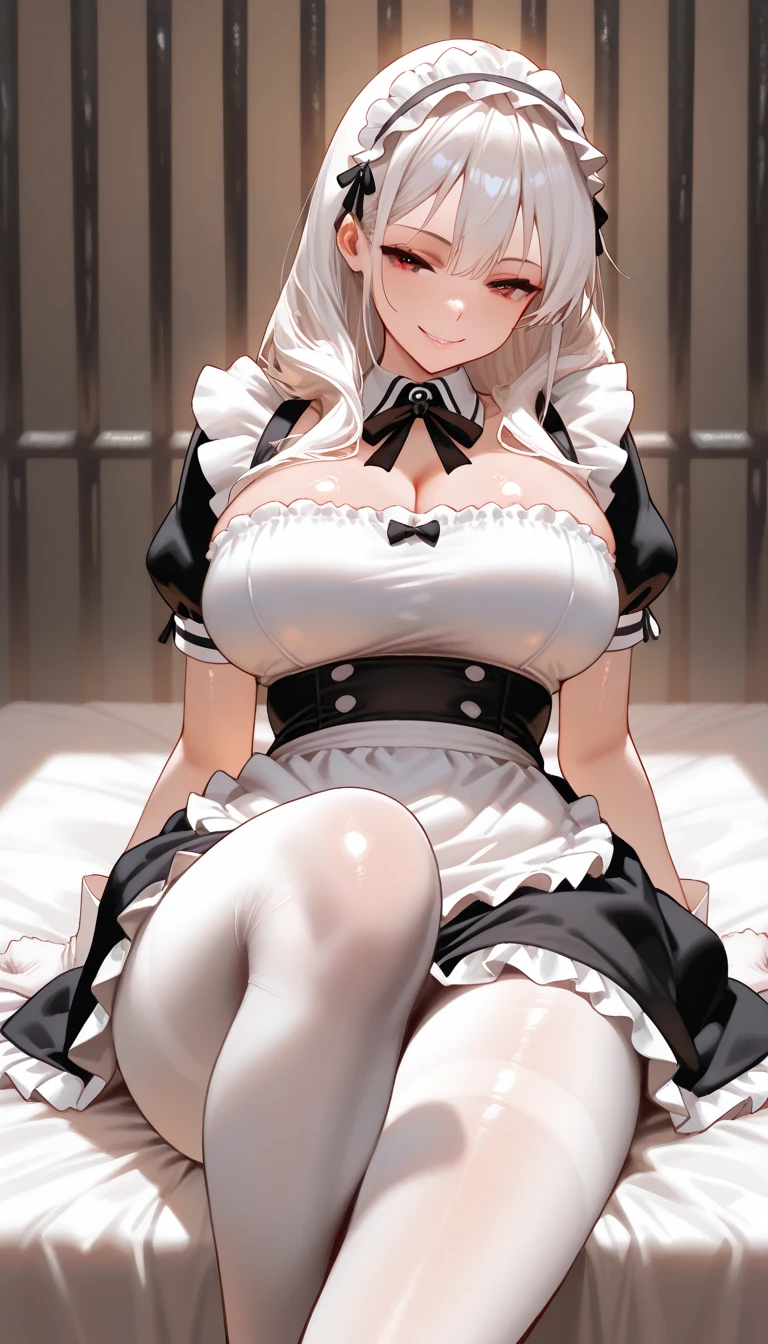 beautiful girl、perfect body、beautiful ample breasts、long blonde hair、((maid))、spread your legs wide、Looks embarrassed、((Lying、Show your、after sex、Covered in semen))