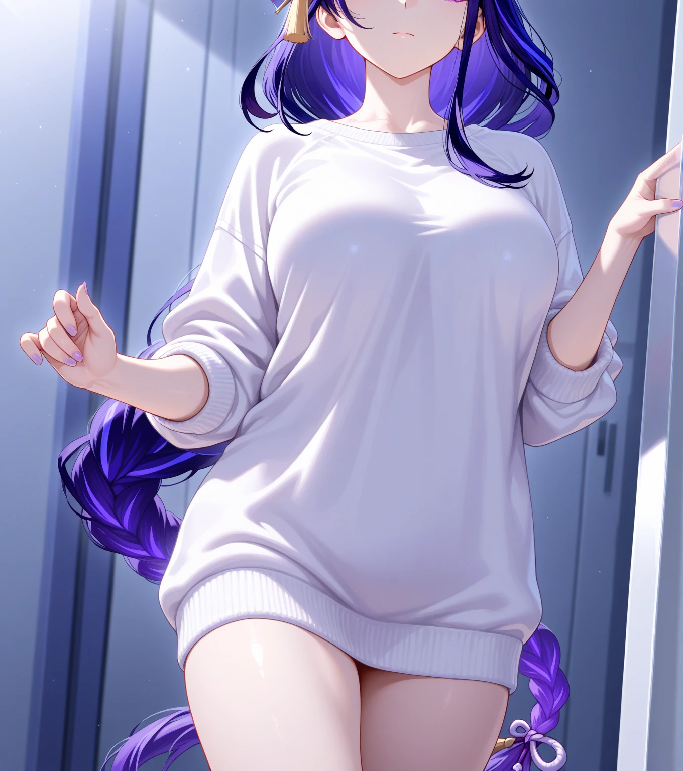 (masterpiece), best quality, expressive eyes, perfect face, very detailed eyes, solo, highly Detailed face, (highly detailed hair), (Highly Detailed body), cowboy shot,
perfect body, smooth, soft skin, glossy skin, shiny skin, vibrant colors, 1 girl, (raiden shogun, 'genshin impact'), side view, looking at viewer, oversize white t shirt, see though,