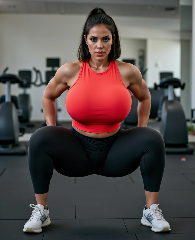 (2heads), conjoined, no facial hair, A very feminine face, caucasian, Long brown hair, morena, , with glasses on, thick-thighs, Curvy, wide hips, visible curves, Chubby, fat, , Unsportsmanlike, Very broad shoulders, sweaty :1.5,Wet, ,drenched:1.5, (wear a tight sports bra and leggings):1.7, beautiful hair, Very Wide Hips, Unsportsmanlike, Chubby, visible curves, Realistic ,conjoined, no facial hair, A very feminine face, , (full - body, in the gym: 1.2), wet body: 1.1, Highly Detailed Facial and Skin Texture, 詳細な目, 二重まぶた, light skin, Sexy, suntan , suntanned skin, dark skin,