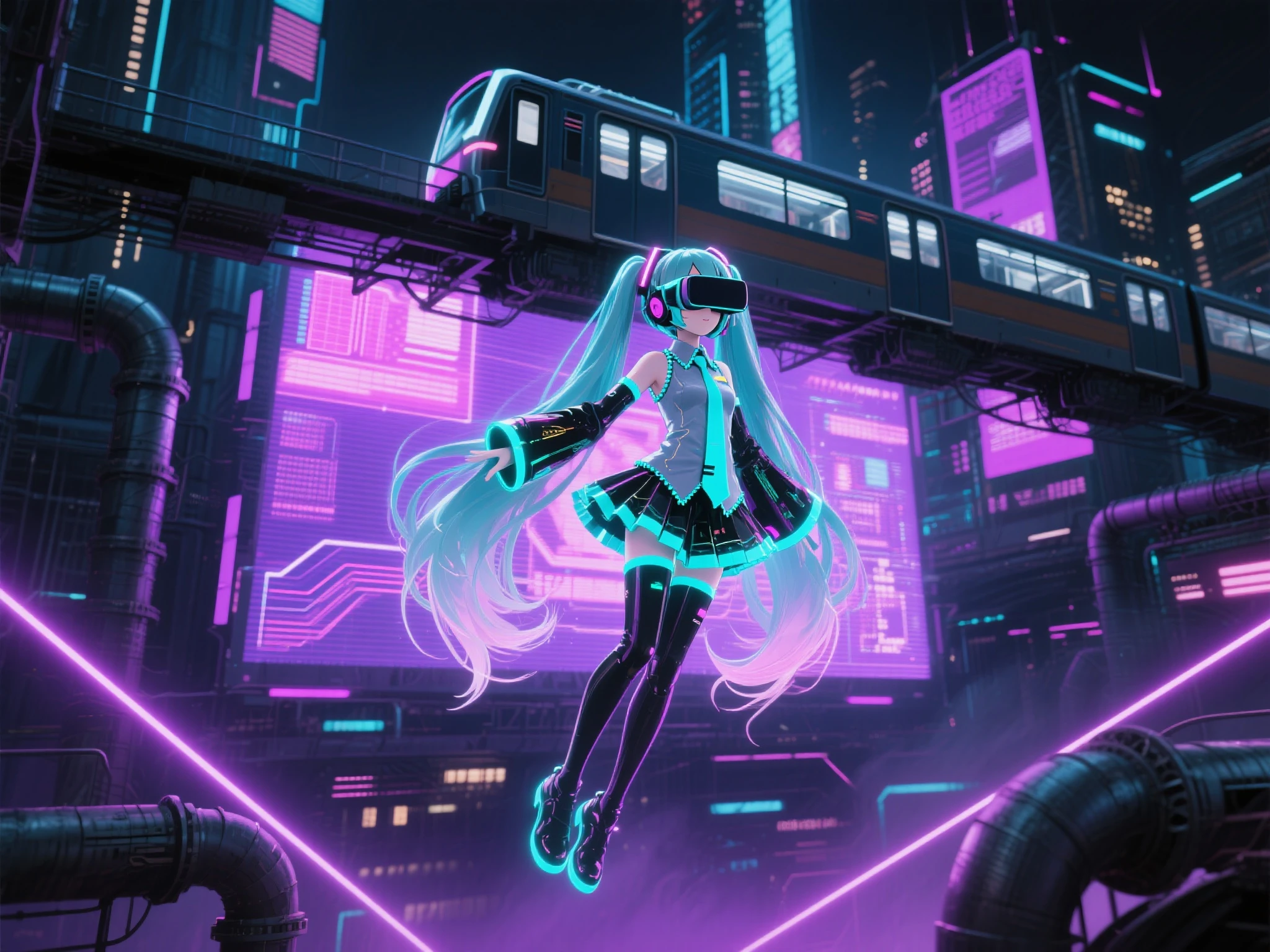 Hatsune Miku wears neon light-effect mechanical clothing，Floating in a holographic projection；Users wear VR glasses to interact with Hatsune，The background is a giant LED screen and a suspended train in a futuristic city，Cyberpunk elements such as purple lasers、 data stream 、Steam pipes spread all over the image，Combining a sense of technology and fantasy。
