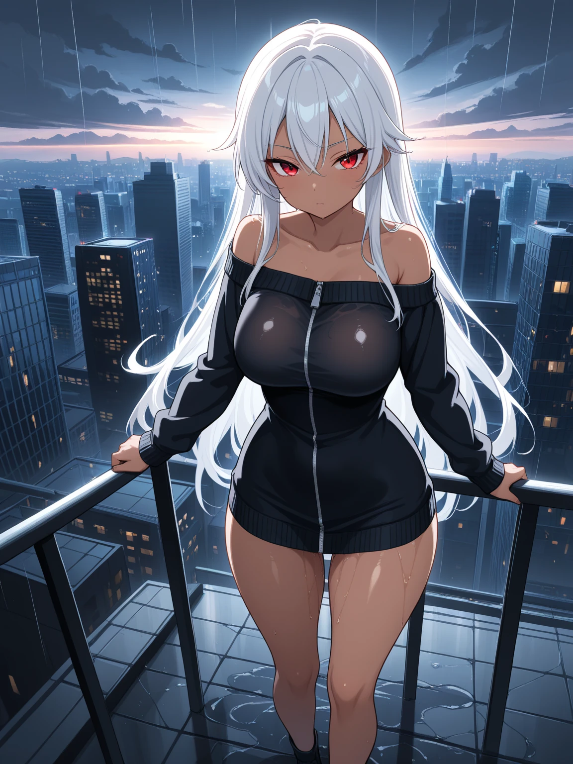 japan, highres, highest quallity, illustration,  ultra detailed, (detailed face), (detailed eyes), soft lighting, best quality, hazy glow, dreamy atmosphere, hyper detailed, masterpiece, 1girl, solo, silver hair, green eyes, knitwear, luminous eyes, medium breasts, (colorful), cowboy shot, from below, outdoors, morning, clouds, tall buildings in background, industrial, public transportation, urban, concrete buildings, concrete, sidewalk, busy, trees, autumn, falling leaves, big tits, naked, no cloths, butt naked, see throu pussy