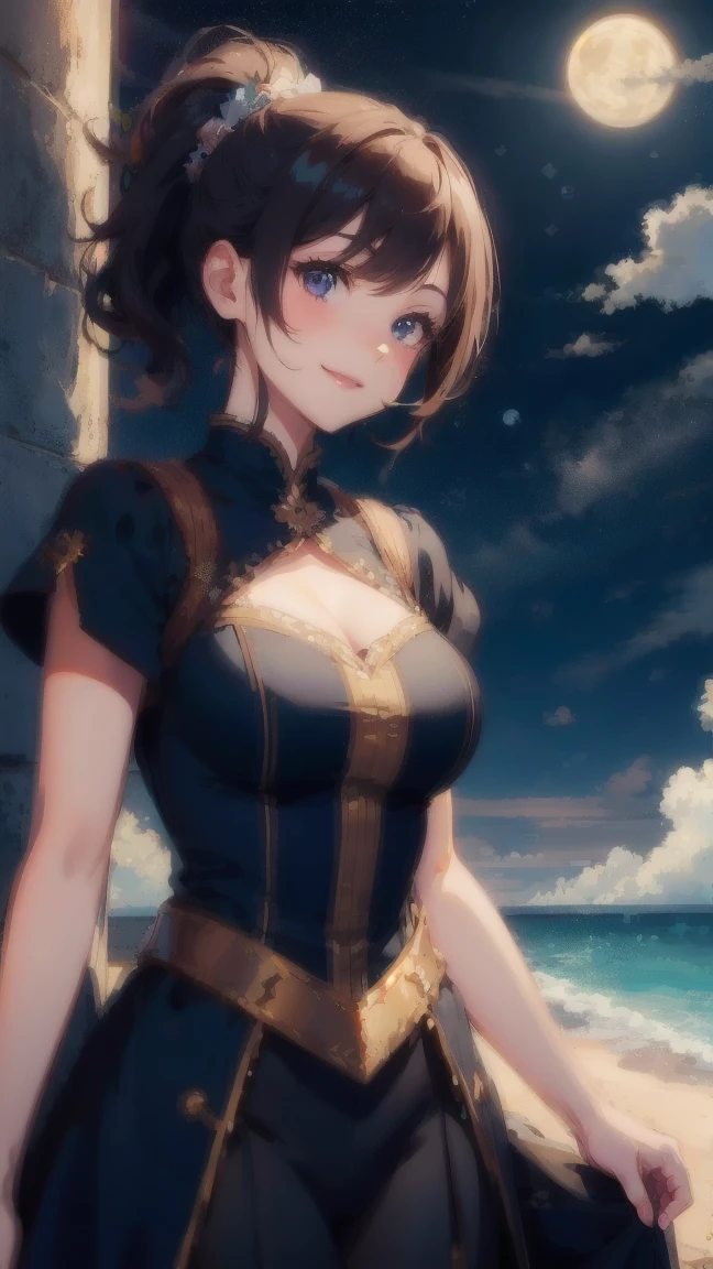 fantasy, blue bikini armor, short brown hair, archer, long bow, bare shoulders, happy