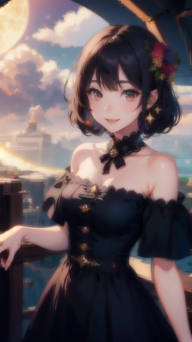 Highest quality、beautiful girl、magic使い、magic、witch、City、Above、building、rooftop、Daytime、looking at the camera、up