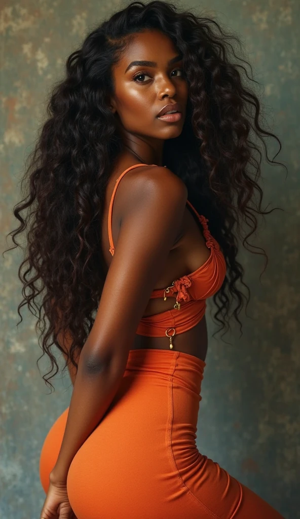 Full body picture of an image of a young dark-tanned sexy woman with feminine features, full body picture, extremely Long messy orange hair, 
loose deep-open shirt and a very extremely short skirt split along both sides, full body of a very secy dance, photo and digital art, ultra-detailed 16k 3D, realistic