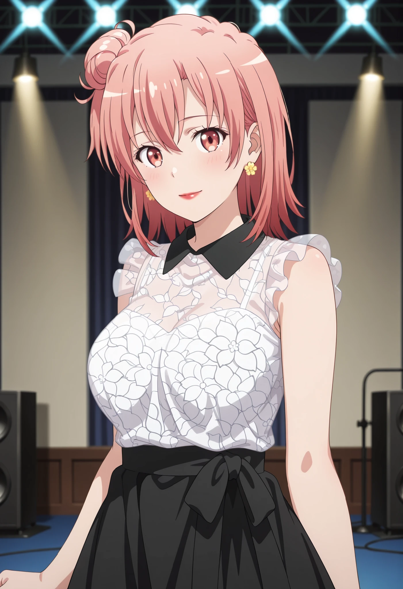 1girl,yui yuigahama,pink hair,short hair,gradient hair,hair bun,pink eyes,single side bun, very large breasts,
, solo, closed mouth, light smile, blush, medium hair, orange hair, single side bun, orange eyes, hair between eyes, flower earrings, red lips, YuiDress, wing collar, black collar, frilled shirt, sleeveless shirt, see-through shirt, white shirt, high-waist skirt, long skirt, black skirt ,one hand on big breasts, cowboy shot, standing, looking at viewer, stage lights, indoors,