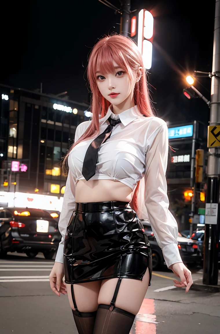 (8k, RAW photo, best quality, masterpiece:1.2), (realistic:1.3), (photorealistic:1.3), ultra-detailed, (high detailed skin:1.2), 8k uhd, dslr, soft lighting, high quality, film grain, Fujifilm XT3, best quality, beautiful lighting, beautiful business woman, (pink long hair), walking and looking to the distant, looking away from viewer, tight mini skirt, black leather skirt, high heels, tie, thick thighs, open shirt, show cleavage, sexy legs, beautiful legs, shinny legs, elegant legs, elegant woman, beautiful eyes, pink contacts, sexy cleavage,