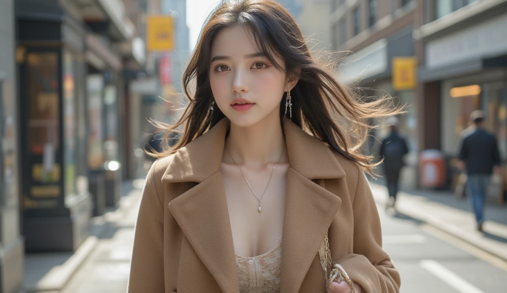 ((top-quality、8K、​masterpiece:1.3、超A high resolution))、(Clear focus:1.4、The focus is on people:1.2)、A Japanese Lady、年轻、1 persons、(sitting on:1.2)、From  above、((dark brown  hair))、(fur-coat:1.2、denim、Detailed fabrics)、light skinned、Super fine face、A detailed eye、Narrow-eyed、二重まぶた、Reddish cheeks、Detailed skin、Sweating、Lustrous skin、Shine skin、Shaded skin、ruddy lips、Keep your mouth shut、silver earing、Large breasts、looking in camera、(细致背景、konbini:1.3)、early evening、Natural lighting