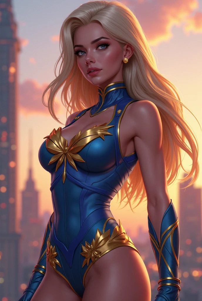 (best quality,ultra-detailed,photo-realistic:1.37),bright and vibrant colors,studio lighting,playful expression,stylish makeup,long blonde hair flowing in the wind,alluring eyes,glossy lips,sexy pose, X-men, 2099, smiling in a confident and seductive way,posing for a professional photoshoot,shallow depth of field,highlighting the main subject,soft natural lighting,creating a dreamy and magical atmosphere.