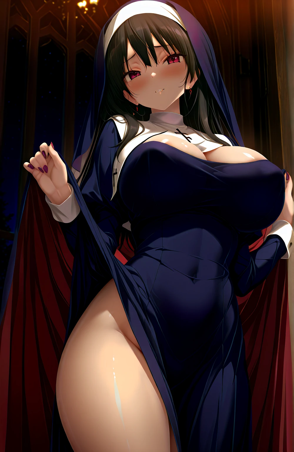 Young and beautiful woman,(Highest quality,Extremely detailed depiction,Incredible high resolution,Anatomically accurate depiction,Curvy Legs),(Glowing Skin,Oilskin),(Nuns,複雑な光沢のあるのNunsの服:1.3),eyelash,(Intense glowing purple eyes,Crazy Eyes,There is cleavage in the chest,Captivating smile,Glossy Red Lips,Seductive gestures),Sweat,whole body,background:Church at night,View from below:1.3