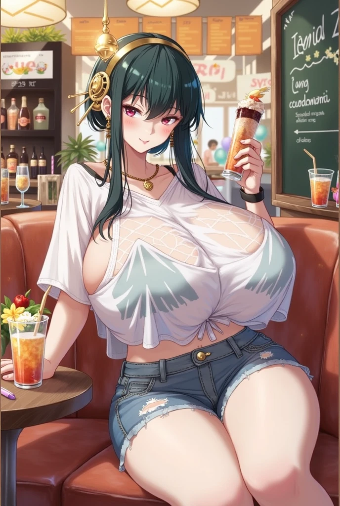 Ginormous breasts, brown short bold and curly hair, blue eyes, glass of milk, backyard terrace, table, sitting, nipples, modern city, 1girl, jeans, filling glass with breast milk, round and thick glasses, crystal necklace, bracelets, huge butt, moaning