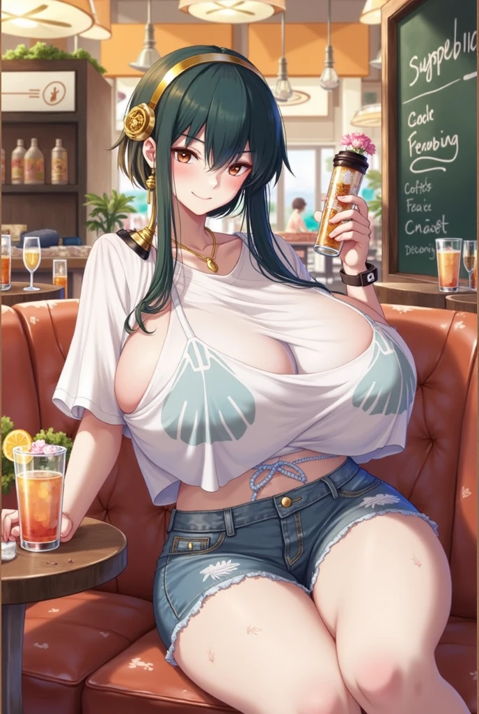 thick thighs, huge hips, huge breasts, kitsune, shorts, drinking, drunk