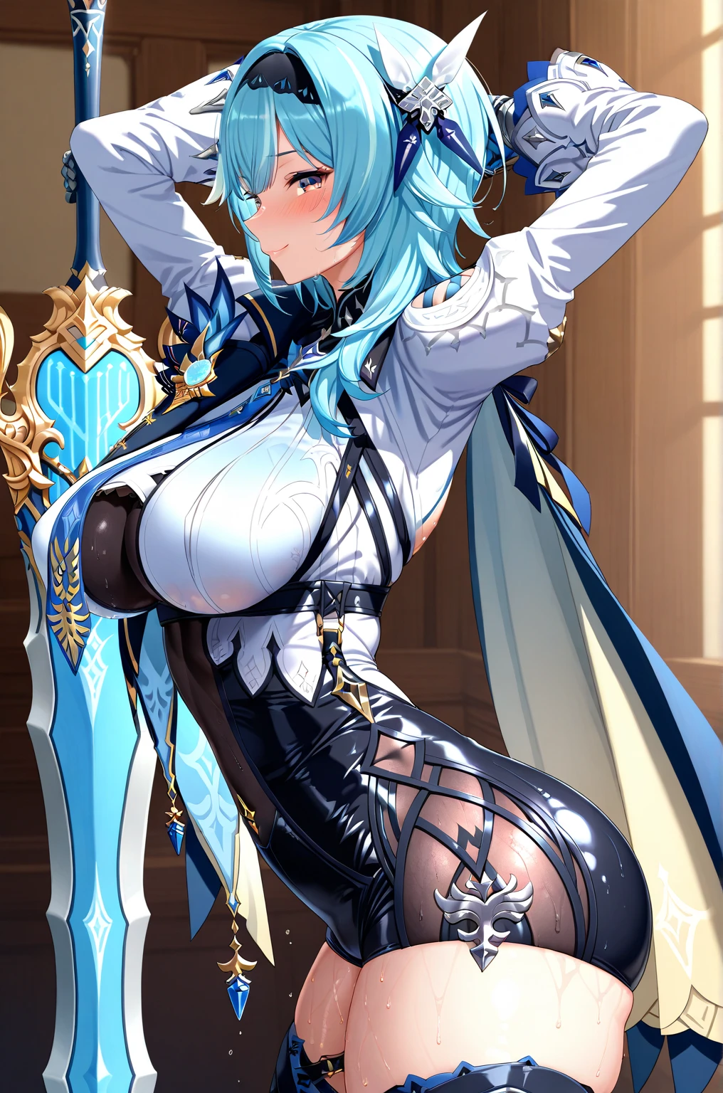 (((masterpiece))), (((best quality))), ((ultra-detailed)), (illustration), ((an extremely delicate and beautiful)), ((super detail)), ((high resolution)), (((nsfw))), ((cybernetic)), (((futuristic))), fantasy, full body, stylish, (seductive), (((erotic))), (((20 years old))), topless cloth, open cloth, metallic cloth, (pussy juice), camel toe, (((ultra-huge breasts))), (maid), (android), (succubus), cat, ((mechanical insect wings)), side ponytail cut, data in the eyes, delicate metal decorations, gleaming skin, shiny body, two legs, ((female masturbation)), soaking wet, silver cloth, sea-through cloth, breast focus, ((tall), slender legs, tail, (((big round eyes))), cute eyes, drooping eyes, not bending the knees, very light makeup, biopunk, game cg, (dark cybernetic and futuristic background), night, gloves, ((adult)), stasis tank, right hand on the clitoris and left hand on the breast and no other hands are exist, smile, two hands, in suspicious broken laboratory, open mouth, clenched teeth, electrical shining line on the body, floating in the stasis tank, smile, five fingers,