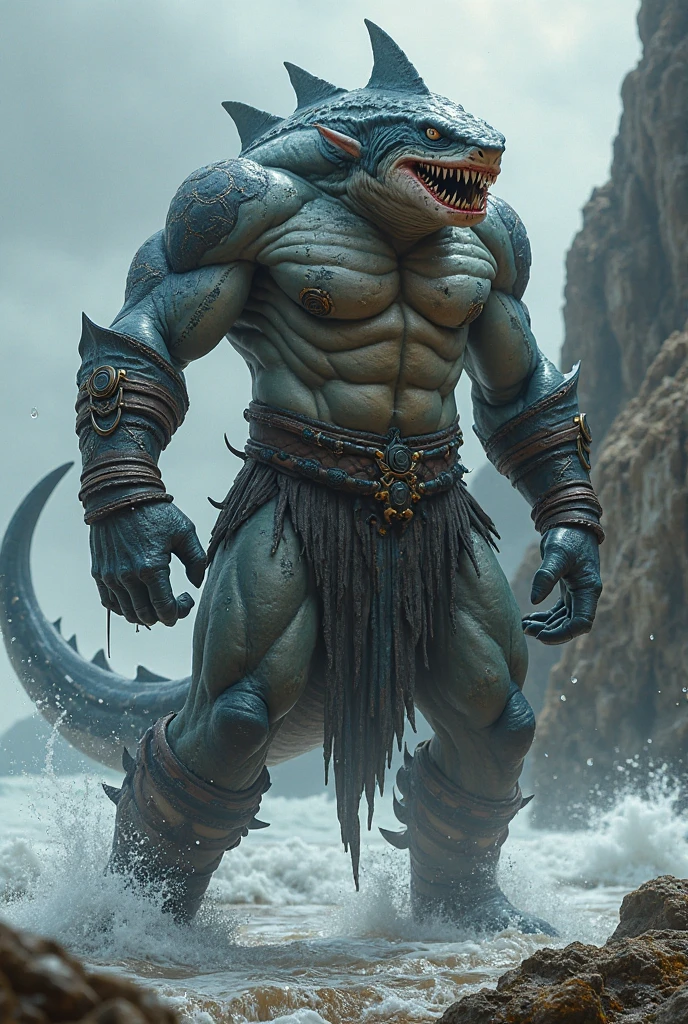 Create a corsair who wears a black tank top and on his belt is his sword. This privateer is cursed to be half purple crocodile and half man.
