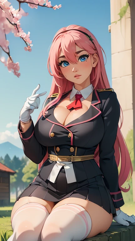 (glasses:1.2),(random pink military outfit),(random pose),(random hairstyle),(large breasts:1.5),(Highest image quality, (8K), Ultra-realistic, Best Quality, High quality, High Definition, high quality texture, high detailing, Beautiful detailed, fine detailed, extremely details CG, Detailed texture, realistic representation of face, masterpiece, presence)