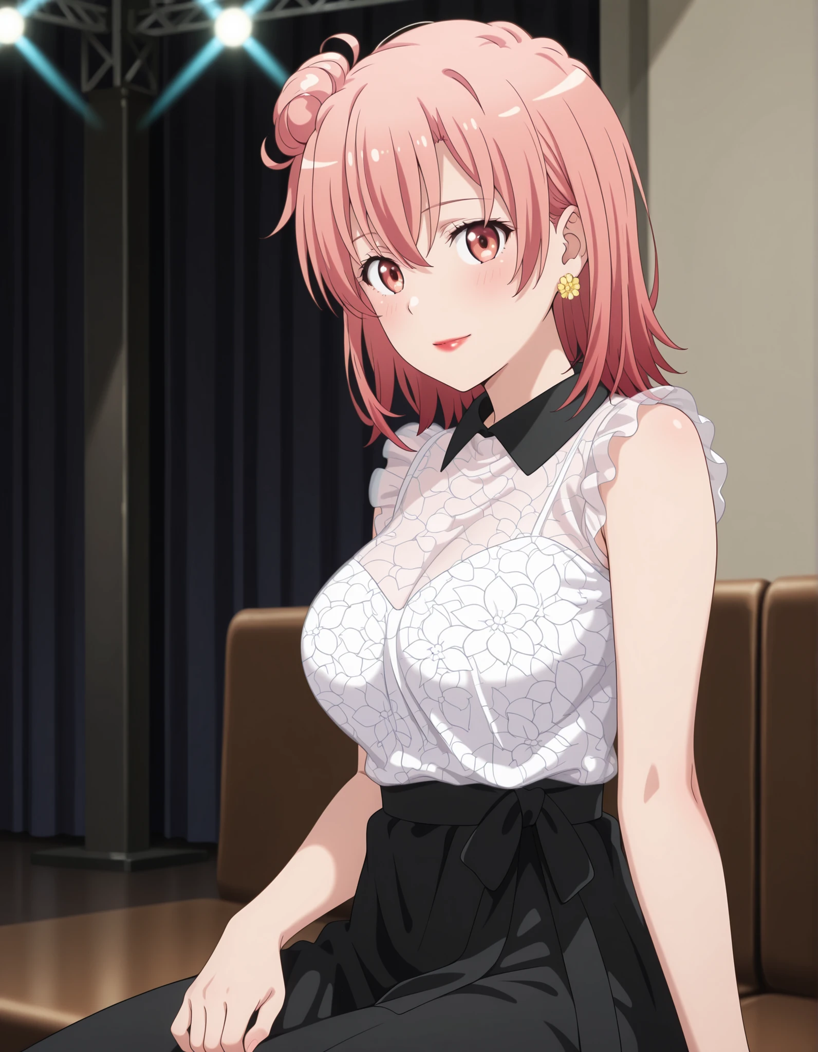 1girl,yui yuigahama,pink hair,short hair,gradient hair,hair bun,pink eyes,single side bun, very large breasts,
, solo, closed mouth, light smile, blush, medium hair, orange hair, single side bun, orange eyes, hair between eyes, flower earrings, red lips, YuiDress, wing collar, black collar, frilled shirt, sleeveless shirt, see-through shirt, white shirt, high-waist skirt, long skirt, black skirt ,one hand on big breasts, cowboy shot, sitting, looking at viewer, stage lights, indoors,