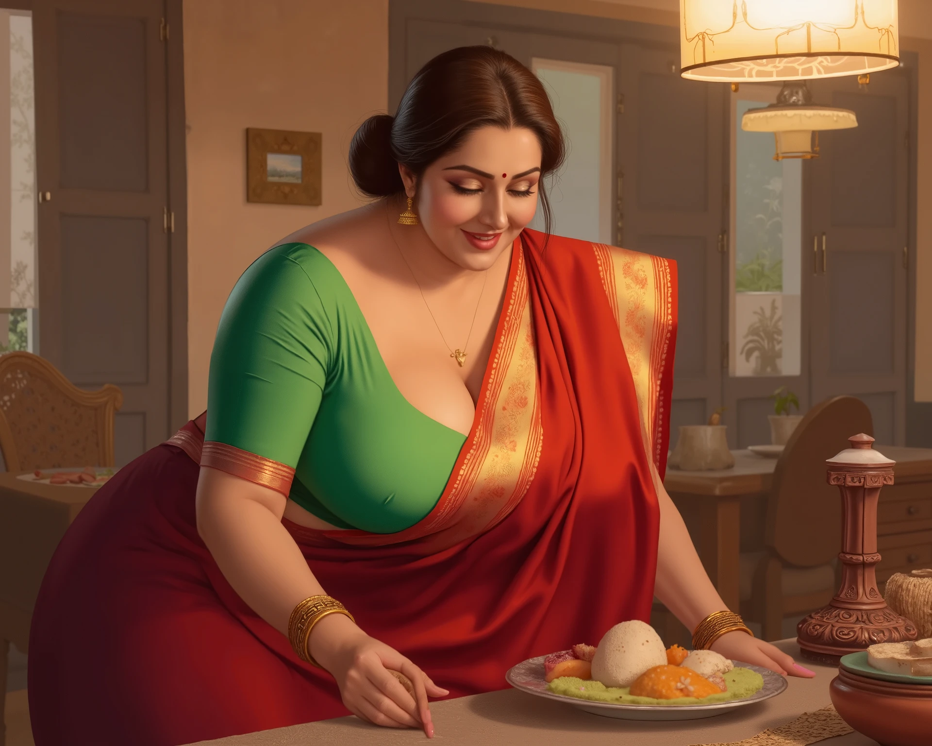 A high-quality digital painting in ultra-realistic style, centered composition, ultra-detailed painting in the style of renowned Indian artist Manimala, depicting a beautiful Indian woman in her mid-40s, curvaceous and traditionally dressed in a red sari with a green blouse. She is in a warmly lit kitchen setting, leaning forward gracefully as she serves food on a dining table. Her sari pallu slightly slips from her shoulder, subtly revealing her cleavage in a tasteful manner. The scene captures her from a third-person perspective, emphasizing her feminine elegance and soft features. Her expression is warm, confident, and gently flirtatious. The kitchen is cozy and homely, with soft shadows and ambient lighting enhancing the natural, serene atmosphere. Gold bangles and earrings glint softly in the light. Her hair is styled in a traditional low bun with loose strands framing her expressive face. High-resolution, photorealistic, cinematic lighting, rich textures, and a balanced composition.