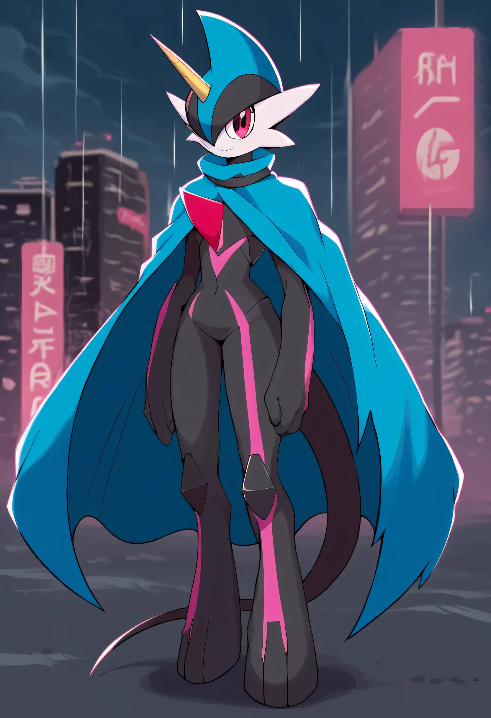 Best quality, rental, highly detailed, score_7_up, score_8_up, score_9_up, gallade, a girl, female, solitary, wild, black eyes, blue pupils, dark, black hair, black body, purple body, Pokémon (creature), golden unicorn horns, anthropomorphic, dinosaur tail with stinger, standing, green cape, city background, full body, smile, rainy day city backgrounds, standing