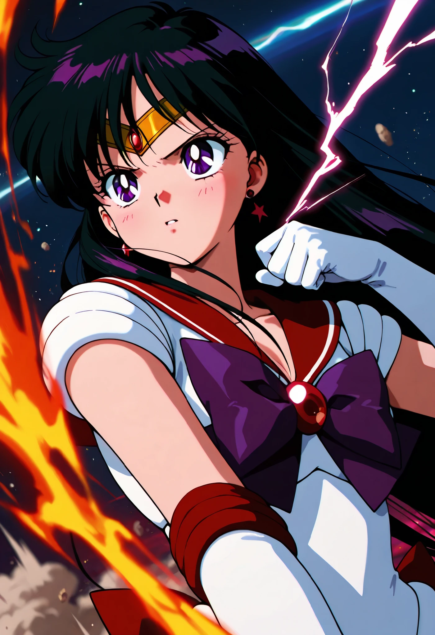masterpiece,best quality,amazing quality, clear skin, ultra-detailed-eyes, soft skin, very awa, very as2, soft body, 90's style, official art, attack pose, rei hino, black hair, diadem, long hair, purple eyes, parted bangs,gloves, magical girl, sailor senshi uniform, white gloves, bow, purple bow, sailor collar, red sailor collar, rimlight, ((Dutch angle)), portrait, upper body focus, emphasizes high quality fabrics, depth of field, attack pose, dust, motion lines, speed line, space, looking at the side, casting a very powerful dark spell, fire and lightning magic, dark magic, imminent attack