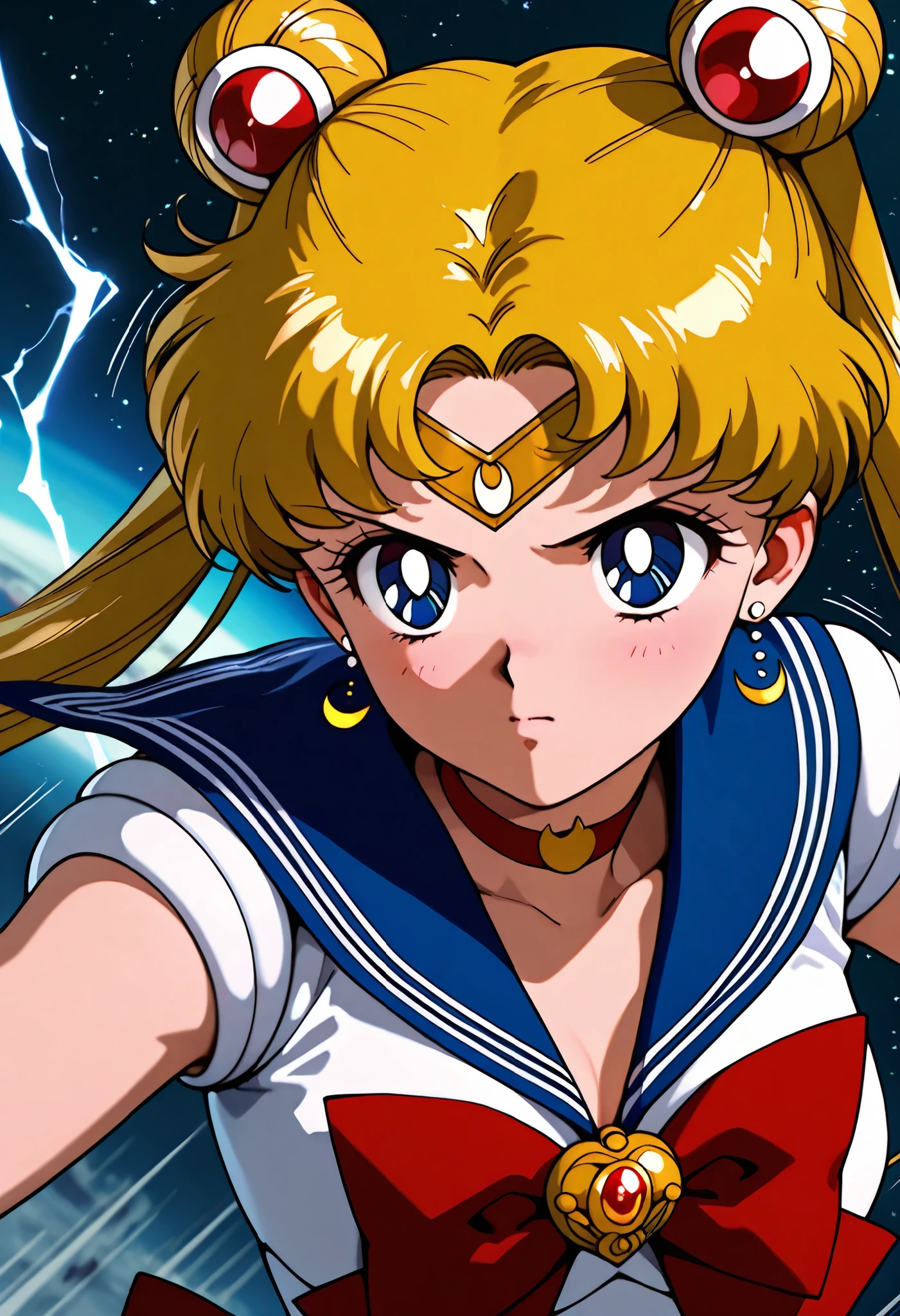 masterpiece,best quality,amazing quality, clear skin, ultra-detailed-eyes, soft skin, very awa, very as2, soft body, 90's style, official art, attack pose, usagi tsukino, blonde hair, blue eyes, double bun, hair bun, long hair, twintails, parted bangs, blue sailor collar, bow, brooch, choker, jewelry, magical girl, red bow, red choker, sailor collar, sailor senshi uniform, rimlight, ((Dutch angle)), portrait, upper body focus, emphasizes high quality fabrics, depth of field, attack pose, dust, motion lines, speed line, space, looking at the side, casting a very powerful dark spell, blood and lightning magic, dark magic, imminent attack