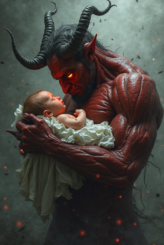 painting of a demon is holding a small 5 year old girl in his arms, dark atmosphere, cinematic scene, volumetric lights, ultra realistic, in the style of nicola samori