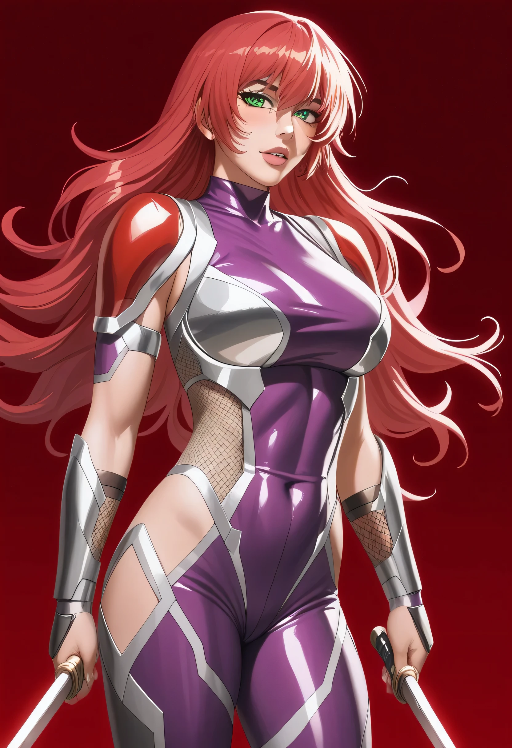 (Highres) (Detailed illustration) Ultra-detailed, blue eye color, glassy detailed eyes, detailed face, Asuka Koukawa, hime hair, straight bangs, very long hair, ginger hair, , visible muscles, athletic body, toned abdomen, thick arms, mechanical limbs, mechanical arms, opaque pink bodysuit, shiny latex bodysuit, detailed latex bodysuit, detailed fishnet, oppai, large breasts, very long hair, windy hair, smug, smug expression, hero, ultra-detailed face, full body, long legs, wind magic, powerful, h-cup breasts,