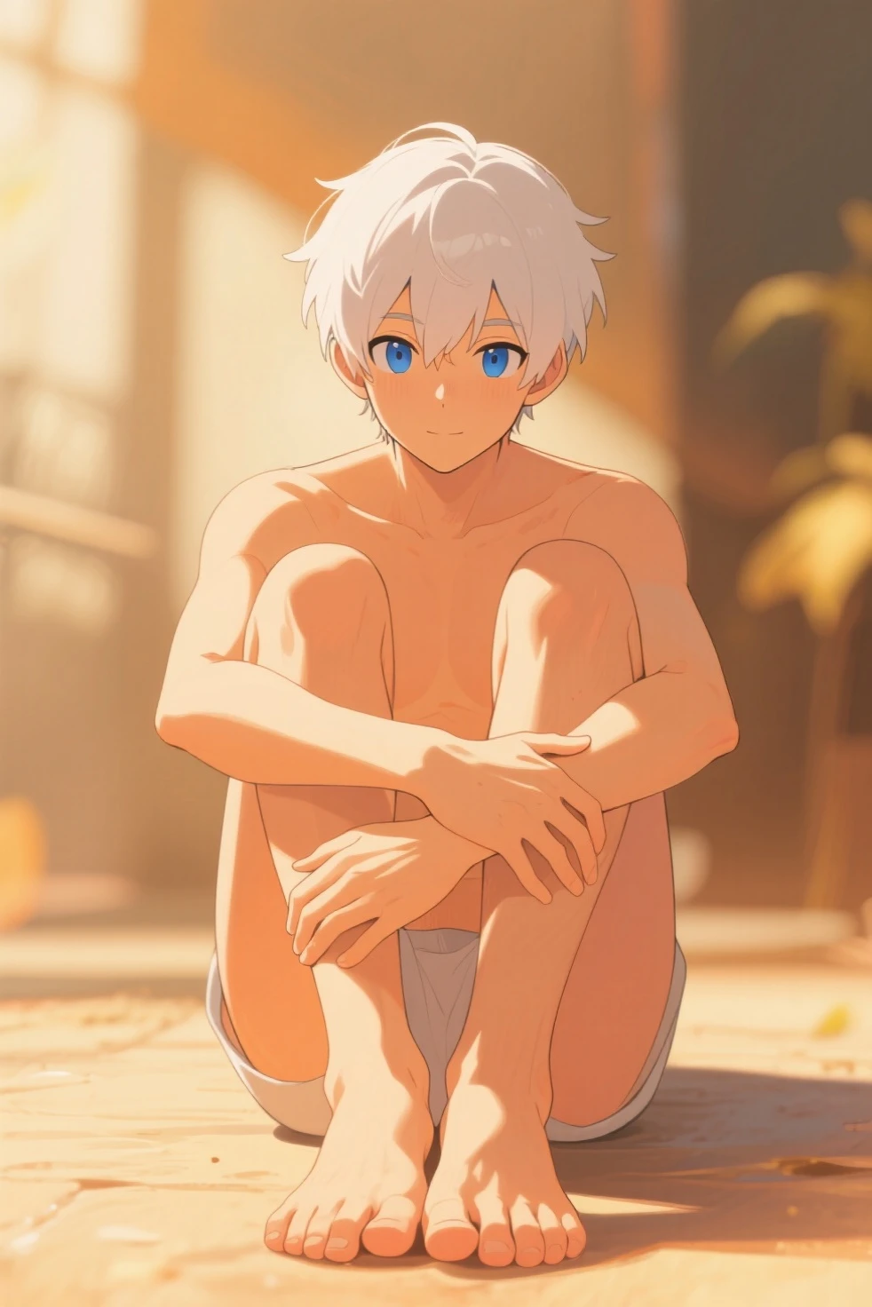 masterpiece, best quality, high quality, 1boy,, , duo, male focus, full body, looking at viewer, white hair,spiky hairstyle, short hair, steam smork, japan style, anime coloring, shy, home muji style, detailed face, topless, white towel on waist,white silk, outdoor, sweat, open legs