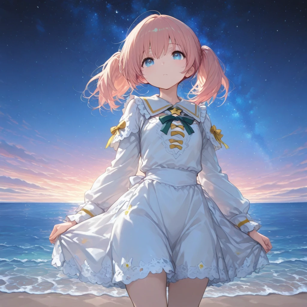 Star Sands、starfish、sand beach、shining water surface、night sky full of stars、Message Bottle, model ship --auto