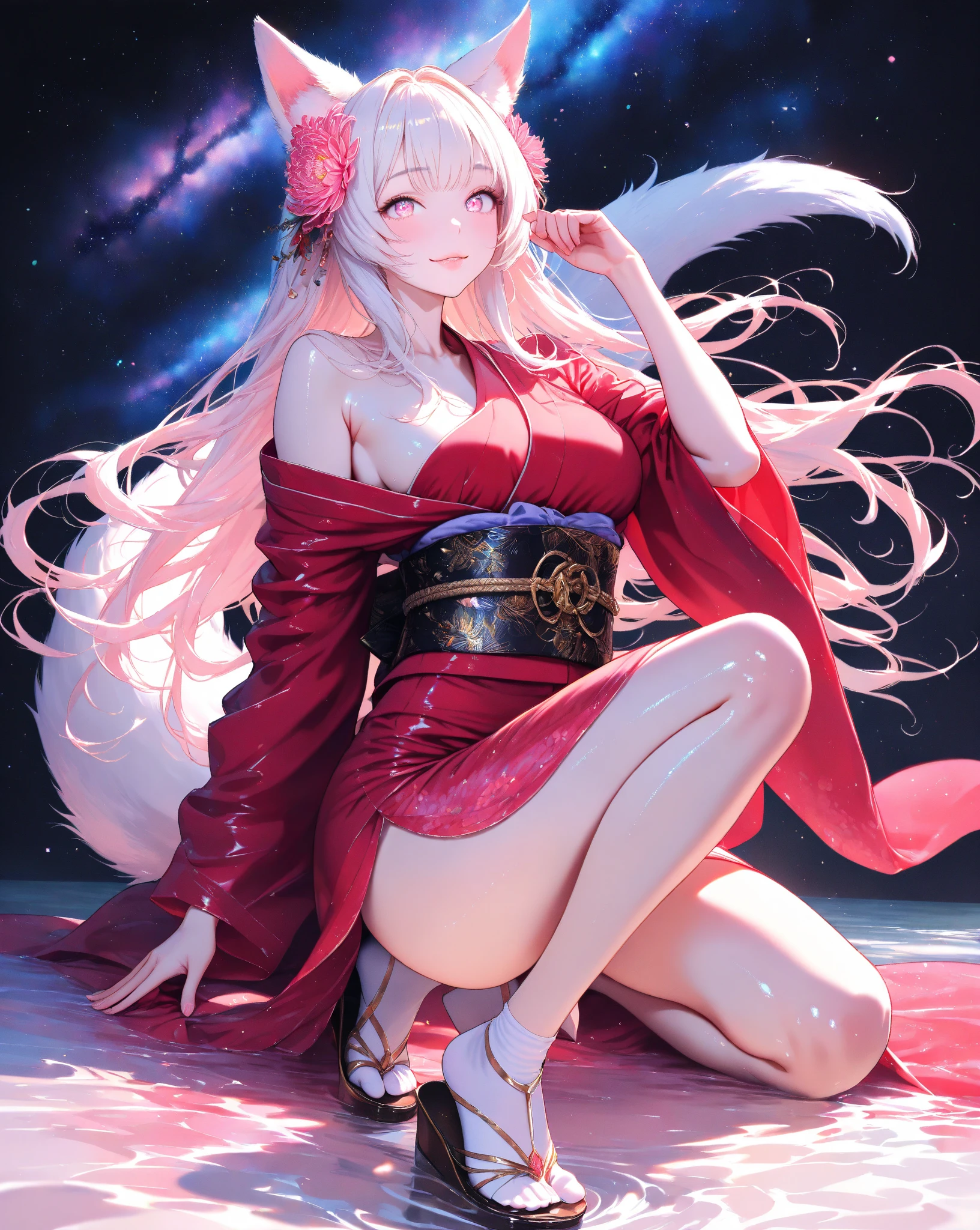 Silver hair, pink eyes, body, cat ears, woman, earrings, sparkle background, red clothes, diamond hair bows, happy face,
,ชุดรัดรูป, camel toe, โชว์กางเกงใน , โชว์หน้าอก, หัวนม, กางขา,