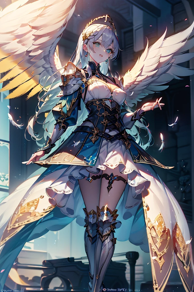 (Official art、Best Quality、Unity 8k Wallpapers、32K、masterpiece、ultra-detailliert、超A high resolution、The best illustrations、Very ridiculous:1.2)、(Cinematic lighting:1.2)、Fireglow effect、film grains、Best Shadows、Rim lighting、side lights、(Ultra-detailed and complex 3D rendering)、Detailed beautiful face and eyes、Sharp pupils、Realistic pupils、A slender、1Man Woman、Medium bust、(Full body:1.2)、 beauitful face、-yeld beiful girl、(super detailed skin、detailed skin textures:1.3)、(silver blond、Blue-silver hair:1.3)、Paladin、Longhaire、Blunt bangs、Green eyes、Braids、(Blue Armor、Blue Boots、hair adornments、Jeweled、Gold embroidery)、A slender、a miniskirt、(thighs thighs thighs thighs:0.8)、(chies、in a house、Artistic stained glass、Large pipe organ、Hello Point、Mystical、a lot of feathers float、angelicales、Wings of an angel on the back、Particles of light、solemnity、Sunlight is、colourfull、Fantastical:1.2)、(Fantastical:1.3)、(Holding the Holy Sword:1.0)、Fantastical、Smile with open mouth