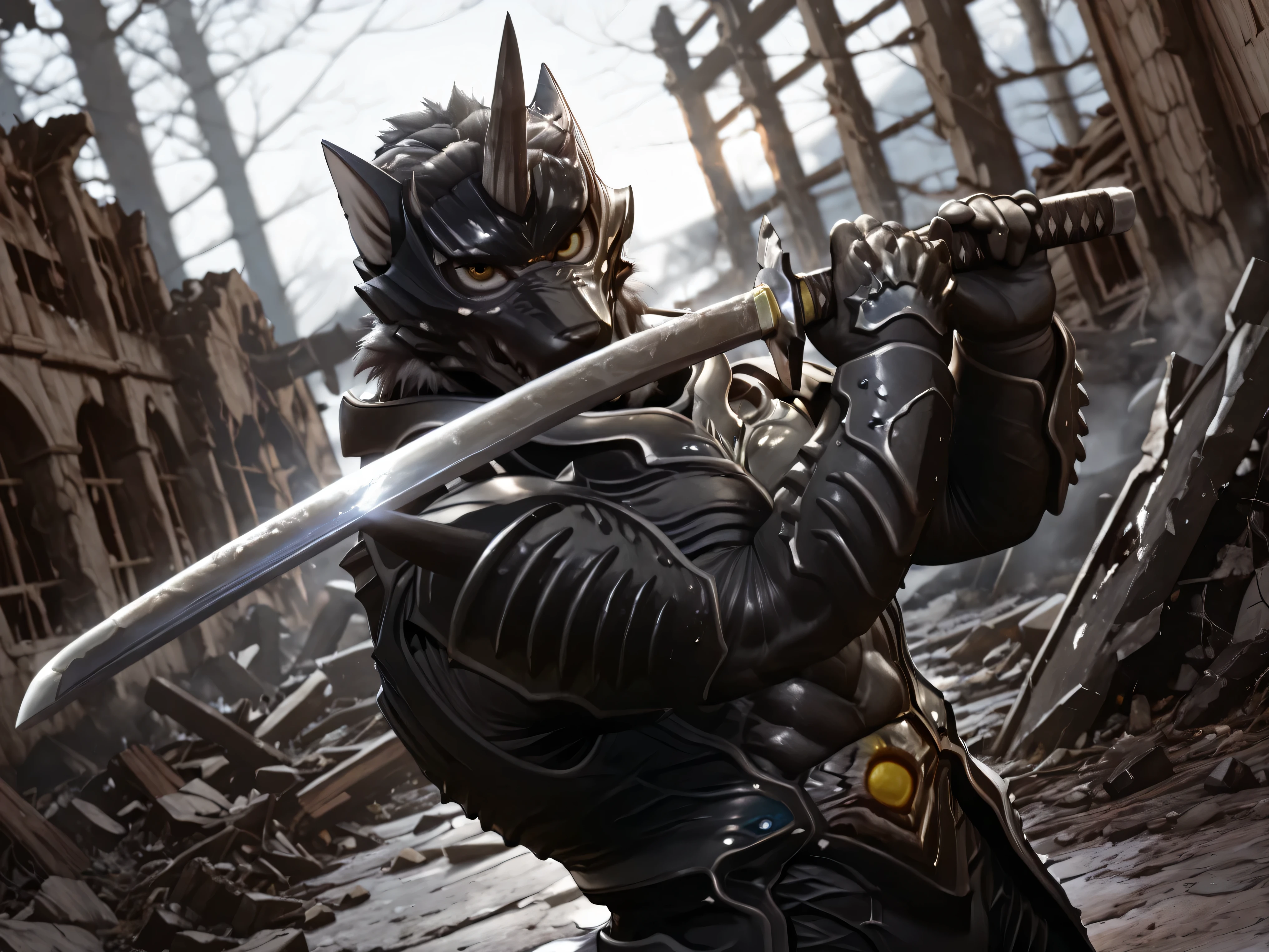 (Zen Aku), Power Rangers Wildforce, wolf, armor, (black body, manly, masculine, mature, muscular, defined muscles, bara), BREAK, sword guard stance, sword, weapon, solo, katana, holding, holding weapon, holding sword, looking at viewer, high collar, upper body, dynamic pose, vibrant colors, BREAK, (dutch angle), (blurry background), dynamic lighting, rim lighting, ruins, BREAK, masterpiece, best quality, official art, detailed, 4K, 8K, realistic, game cg, ultra-detailed, beautiful detailed eyes, very aesthetic, IllusP0s, nsfw, (solo),
