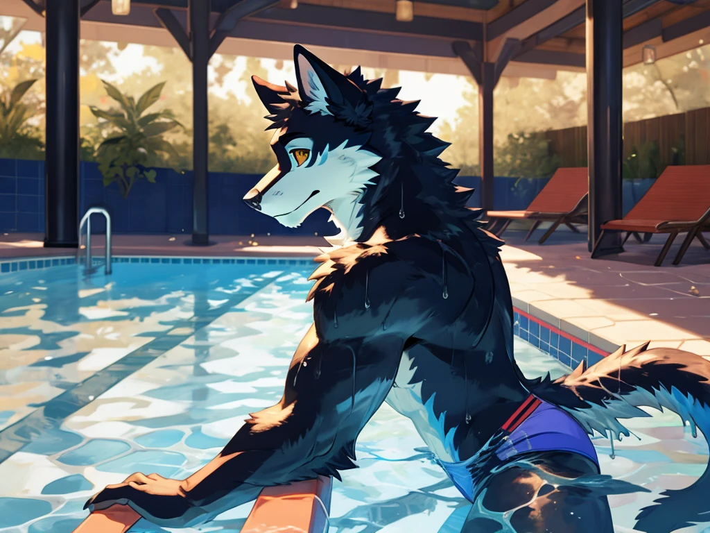thigh high, Femboy, Flat chest, Bulge, The bulge in the crotch of a manly swimsuit, uploaded to e621, zackary911, Men's A manly swimsuit that looks like a string with panty-like fabric area, Shiny Metallic Black Men's Bikini Panty String Swimsuit, men's swimming competition, solo, male, topless, strong, Beautiful dark gray coat-colored fur, wolf, Wolf Man, wolf ears, messy hair, Swimming muscle body trained by swimming, standing, outdoor pool, Cool and cute boy, furry, anime art style, Looks cool in a Stylish body that can wear men's swimsuits with a small fabric area like strings, A very masculine body and body odor that captivates gay men