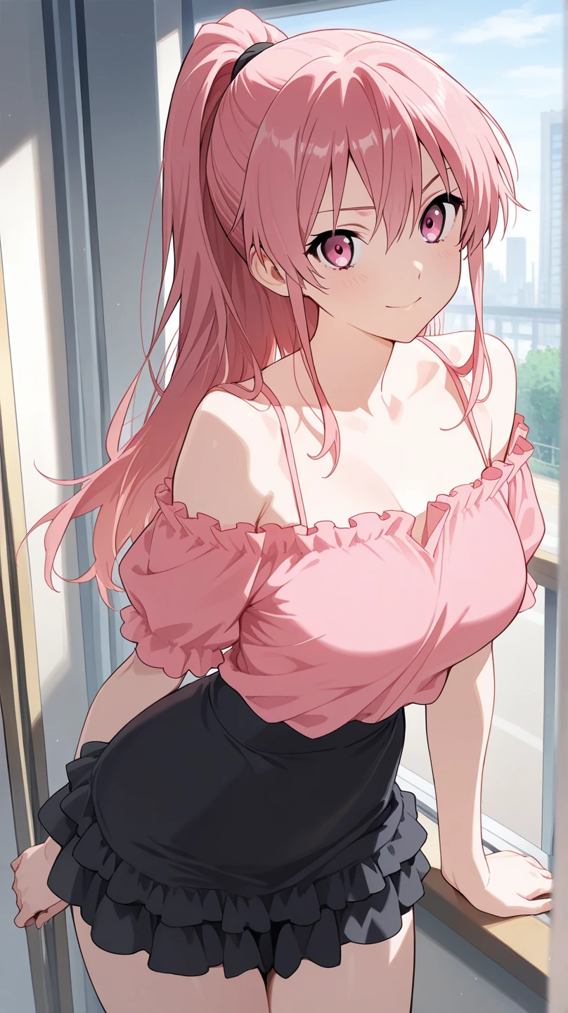 (masterpiece), best quality, (gentle smile), rabbit girl, (rabbit ears:1.2), (long pastel pink hair:1.2), (hair bangs), (hair hiding ears), (hazel eyes:1.2), (fluffy rabbit tail), (wearing modern clothing), (soft smile), city background