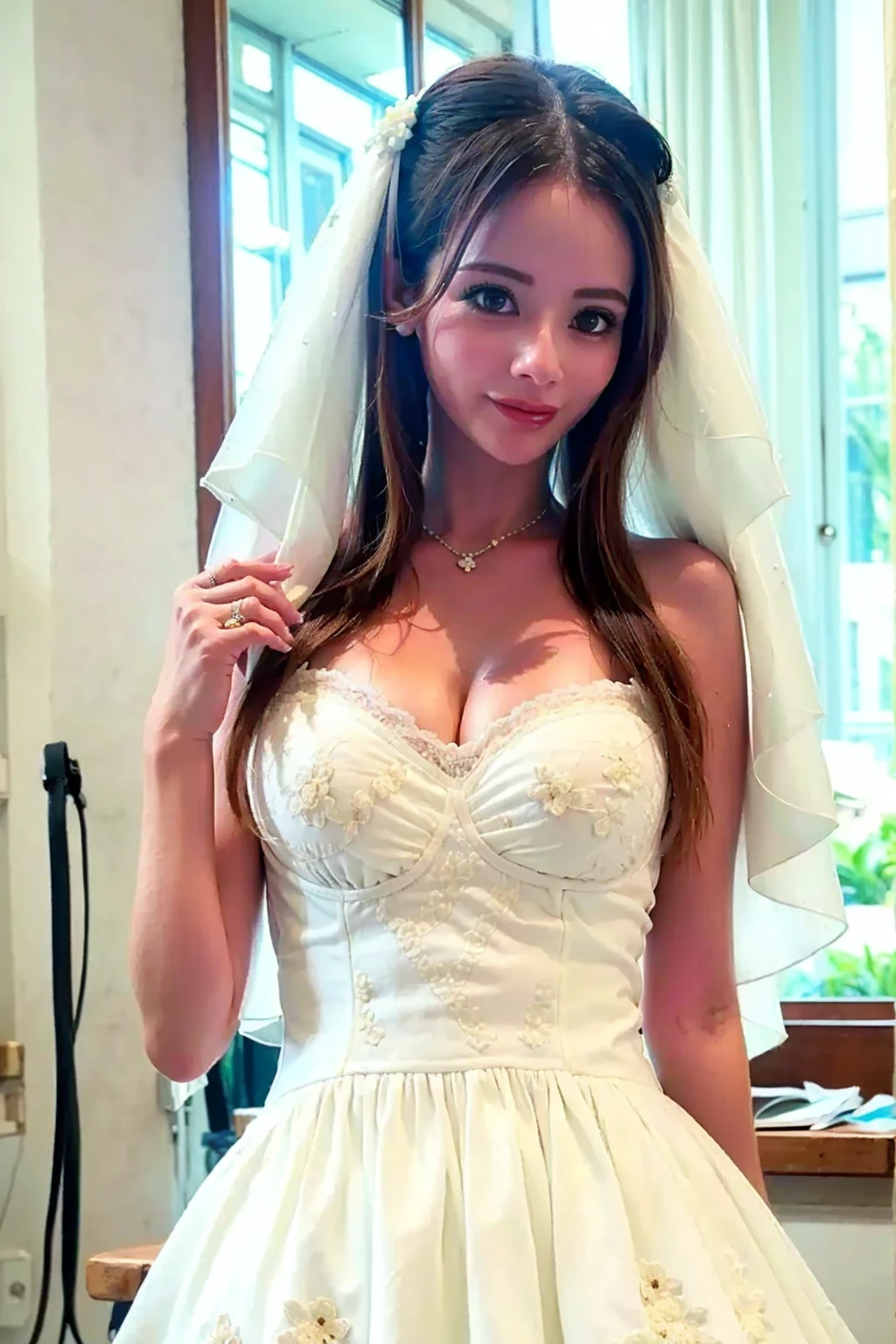 mulher com vestido curto com decote entre os seios e aberto lateralmente