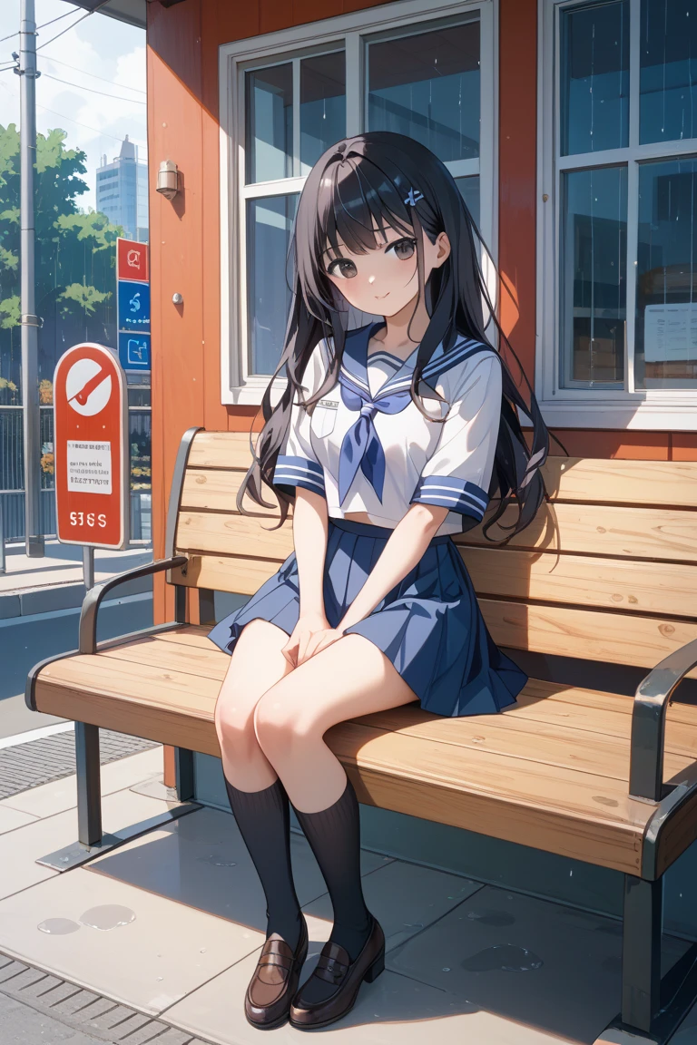 on the train　elementary school girl　8-year-old　flat chest　black hair　long hair　eyes are purple　（（1 person））　Upper half length sleeve white sailor uniform　Lower body navy blue miniskirt（（White panties are visible））　black socks　sneakers　Standing in front of the train entrance　spread your legs a little　I can see white panties　dynamic angle　Low angle from the front
