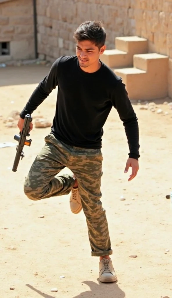 A boy jumping with a gun in his hand