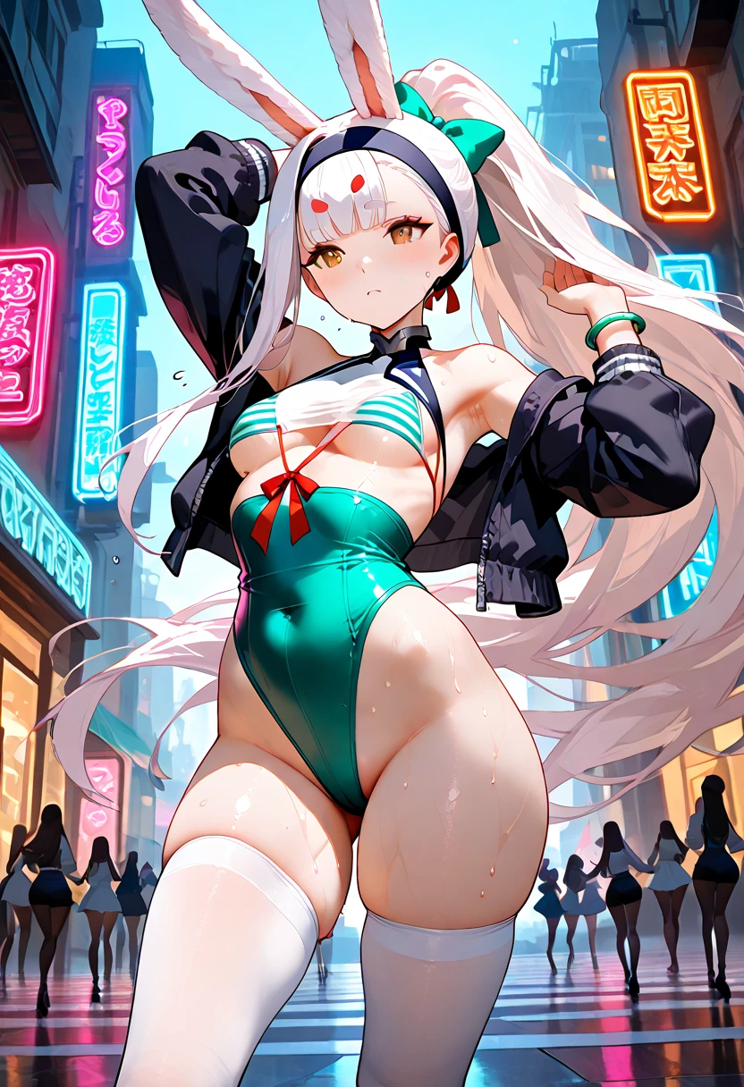 tmasterpiece， best qualtiy，Delicate facial features，dynamicposes， NSFW， 1girl， platinum blond hair， long whitr hair， blue color eyes，  Large breasts， Have on the street， the night， neonlight，， Poker face， up front view， standing on your feet， in crowd，fullnude
