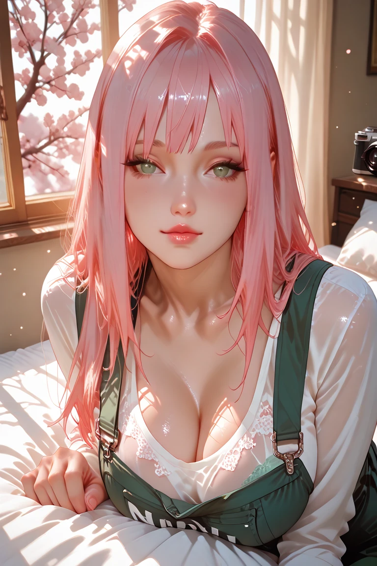 "19-year-old girl, with long Pink Hair with bangs, Near her eyes, Pink, blue eyes, Thick lips、Natural mouth color, A faint smile and beautiful lip gloss, 彼女の口にはPink, She has thick lips, She is facing the camera with her hair with pink bangs, Her bangs are also pink、Tied with a pink ribbon.Pink Hair, blue eyes angelic face, She is facing the camera.