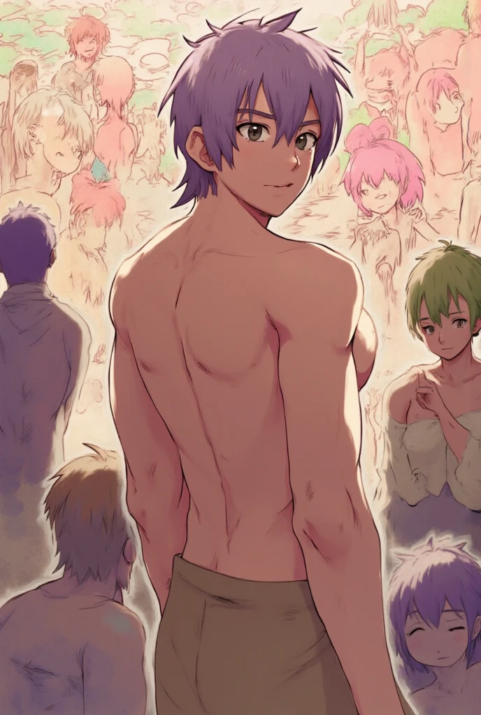 （random pose nudist）、random naked woman、Lots of elementary school boys who are friends and stand shoulder to shoulder、surround each other&#39;face、laughter and joy、recorded video、long shot、dynamic angle、