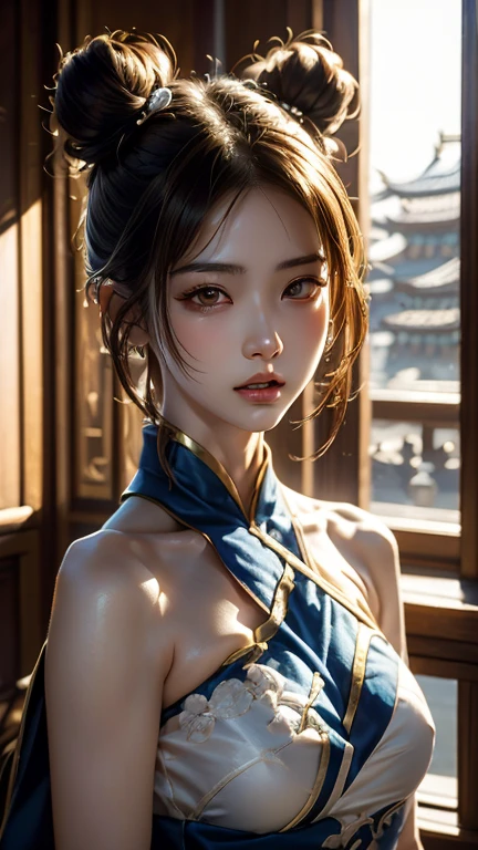 A beautiful flirtatiously smiling woman, a very busty ronin wearing gold lace kimono, Meiji restoration, blue eyes, yojimbo, cleavage, bare shoulders, HD, UHD, WLOP, Artgerm, intricate hairstyle, a view from behind, large anime eyes, realistic eyes, highly detailed eyes, natural skin, natural skin texture, subsurface scattering, muted colors, skin pores, perfect face, perfect eyes, perfect full lips, supple female form, vivid, cinematic, Film light, Hyper detailed, Hyper-realistic, masterpiece, atmospheric, High resolution, Vibrant, High contrast, dark angle, 8k, HDR, 500px, Art by Redjuice