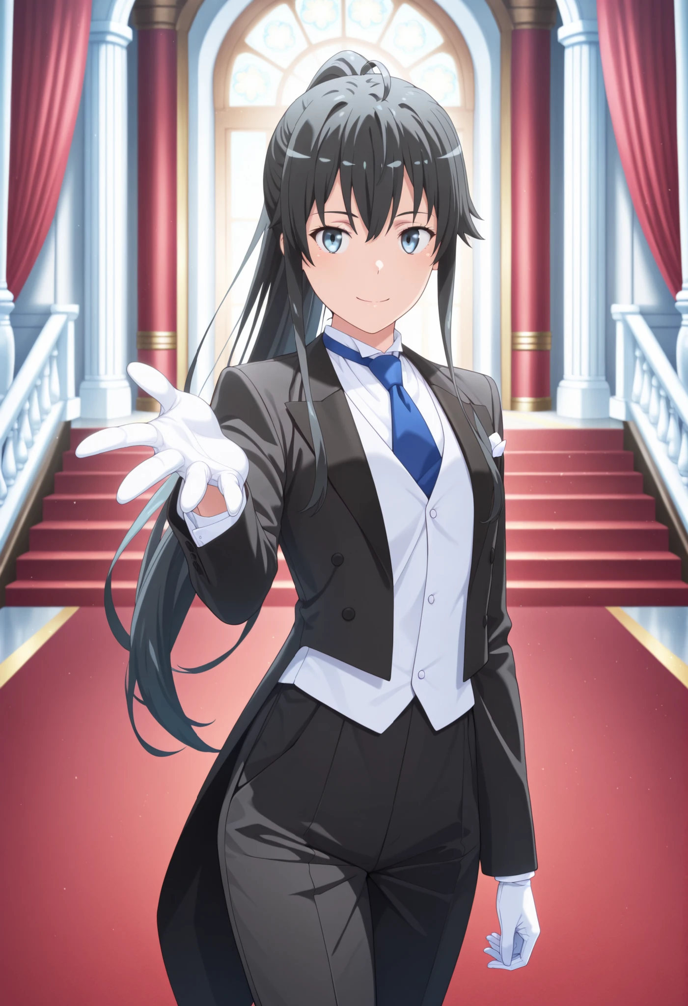 (masterpiece, best quality, official style),ultra detailed,(newest),8k,texture,very aesthetic,(sharp focus),smooth,(unreal engine),realistic skin,anime face,cute round face,detailed eyes, BREAK smile,masterpiece, best quality, very detailed, , masterpiece, best quality, eyelashes, (Beautiful Eyes), cowboy shot, anime, Official Illustration,,,in front,,,1girl, solo, standing yukinoshita yukino, blue eyes , black hair, long hair, ponytail, tuxedo tailcoat, butler, blue necktie, black pants, white gloves , soft thighs,cool smile, reaching at viewer, handsome girl, shinny eyes , narrow waist