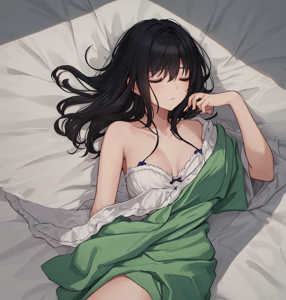A Chinese beauty in white is lying on the bed, with long black hair and closed eyes. She has exquisite facial features, wearing earrings, an off the shoulder dress, a gold belt around her waist, a jade pendant necklace around her neck, white silk sheets, an indoor background, natural light, a top view angle, a medium focus lens, soft tones, in the style of.