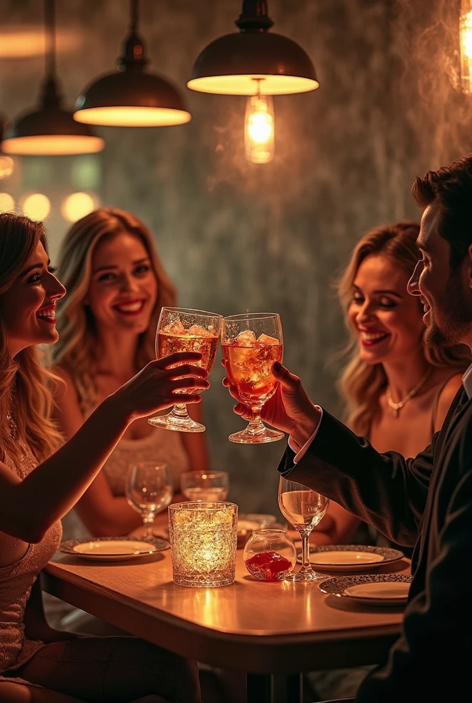 photo of blonde woman, celebrating in a bar with 2 friends